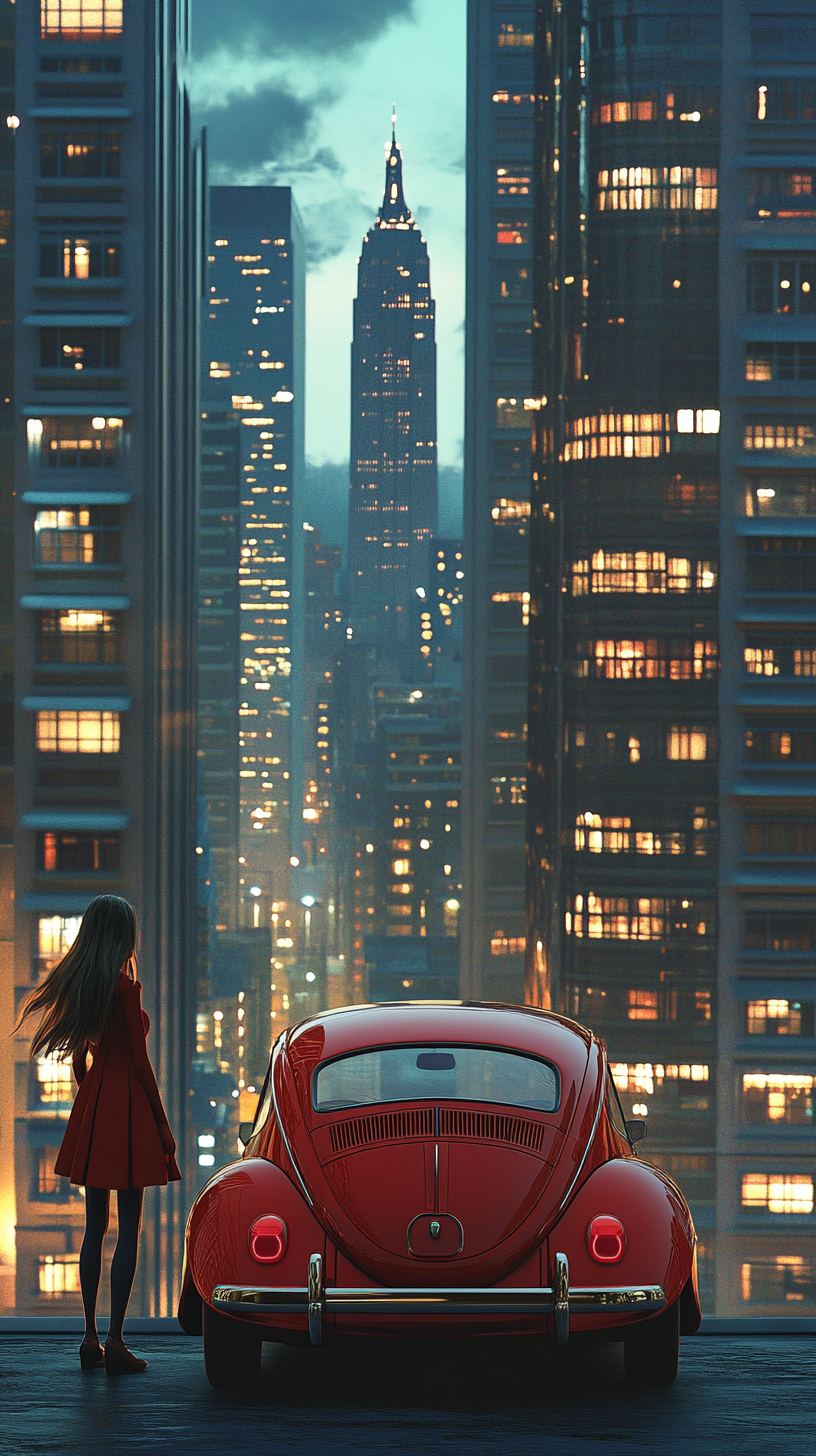 A red Volkswagen Beetle is parked in front of a long-haired beauty, surrounded by a rooftop parking of high-rise buildings.