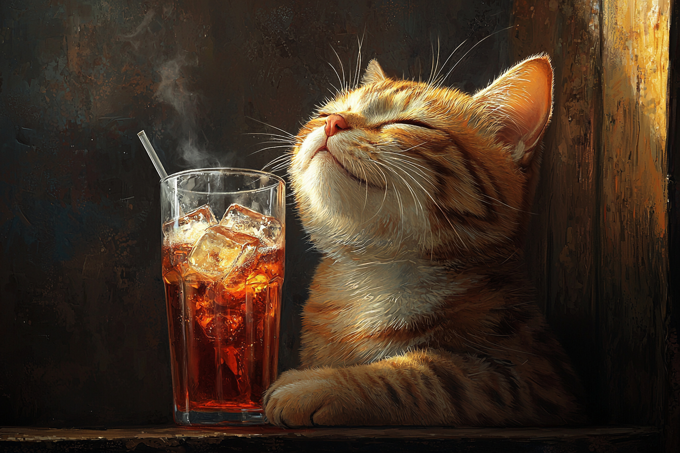 A cat drinking cola in Studio Ghibli style.