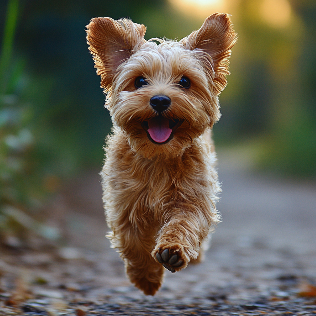 A little dog running on the ground.