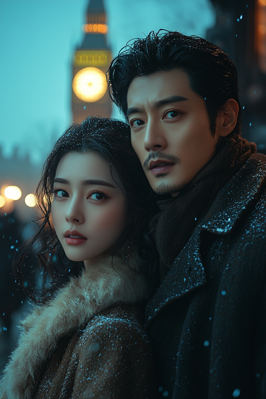 The main characters are Eason Chan and Liu Yifei, at night near the Eiffel Tower and Big Ben in London.