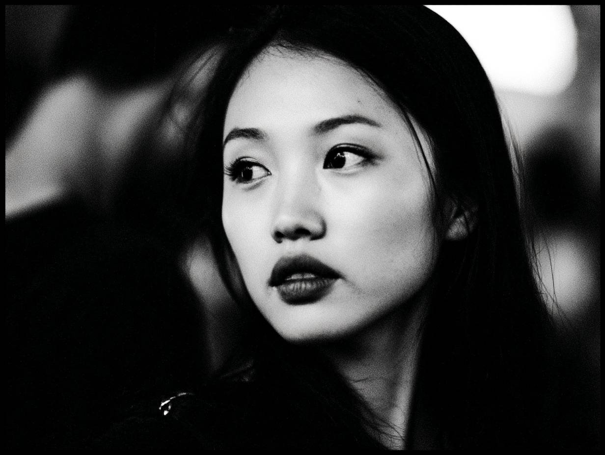 A 25-year-old Chinese woman in black and white street photography in Hong Kong, with an artistic atmosphere and narrative portraits.