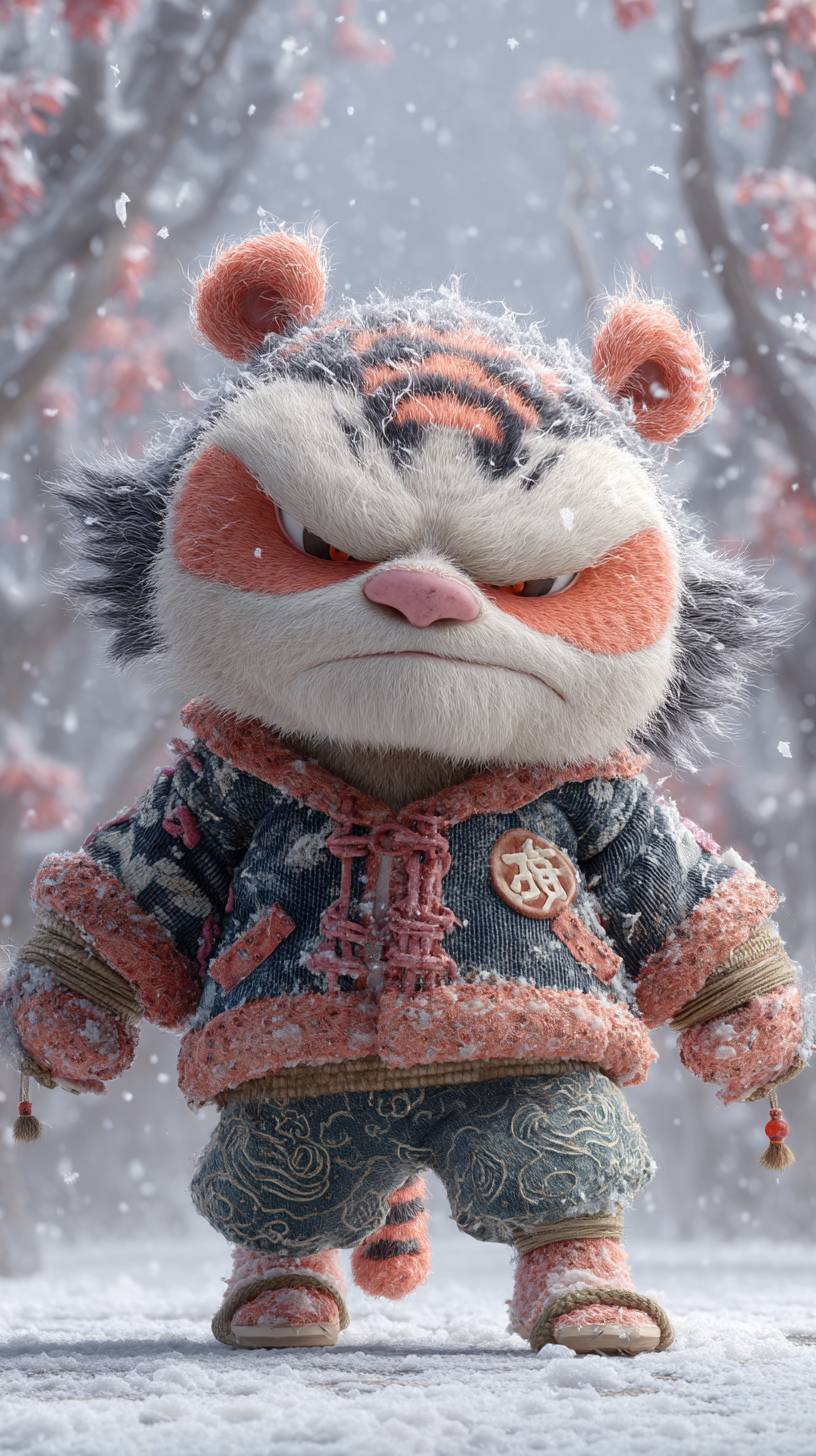 A Northeast tiger practicing martial arts in a snowy forest, wearing a uniquely designed outfit.