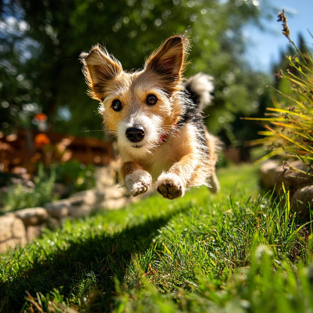 A small dog is running on the green grass.