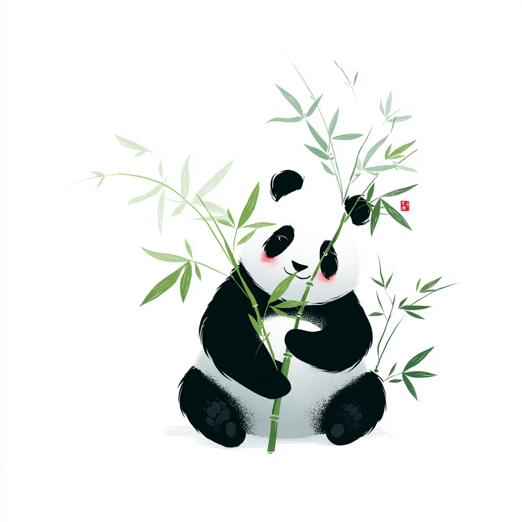 白色背景，极简风格，熊猫在吃竹子。