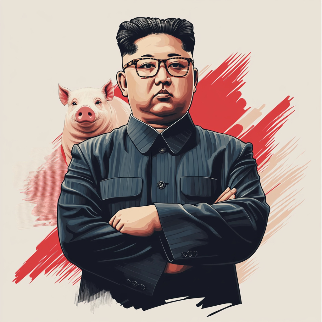 我想要一件白底简约风格的T恤，上面印有金正恩的肖像猪