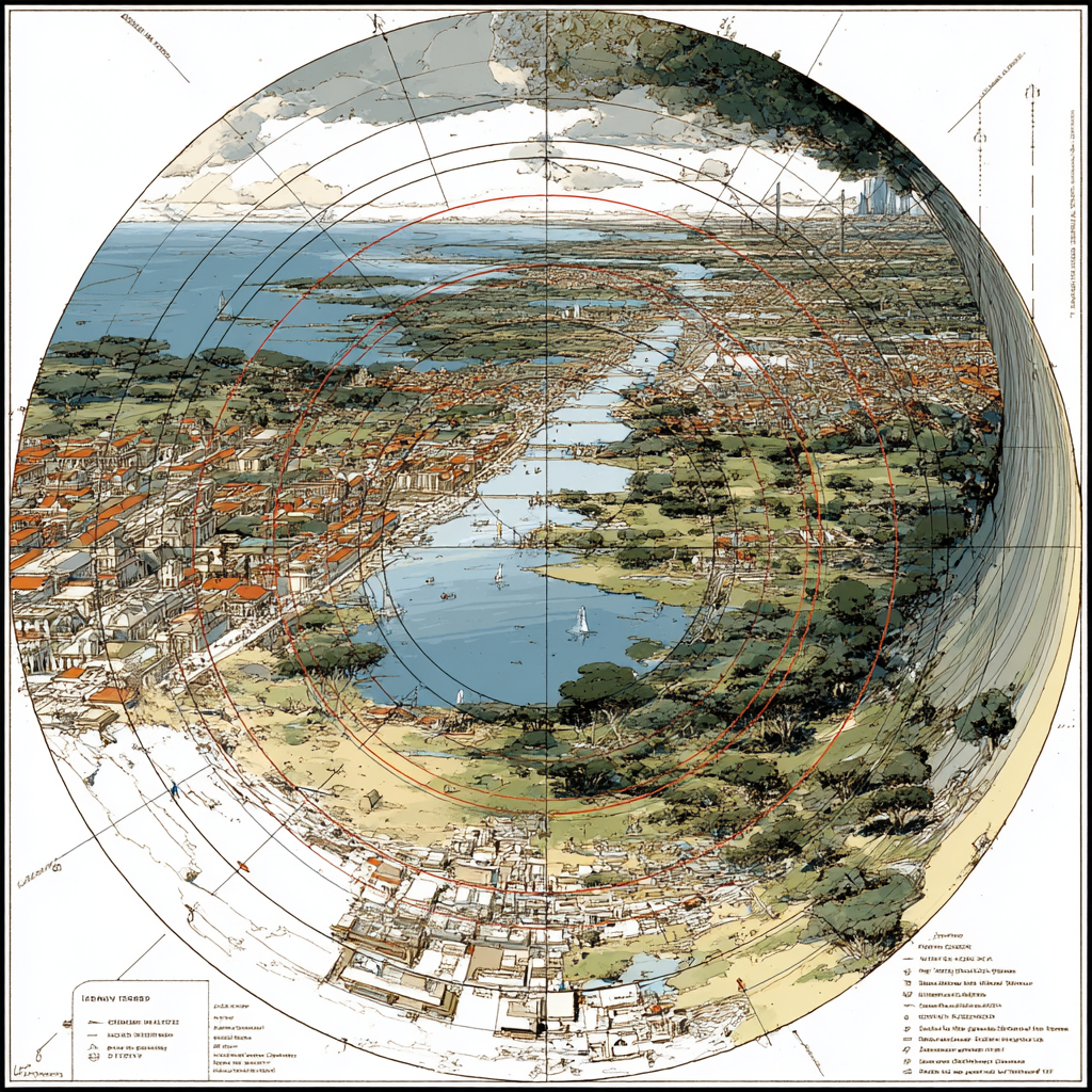 Draw a circular layer diagram including the urban core area, suburban area, and exurban area