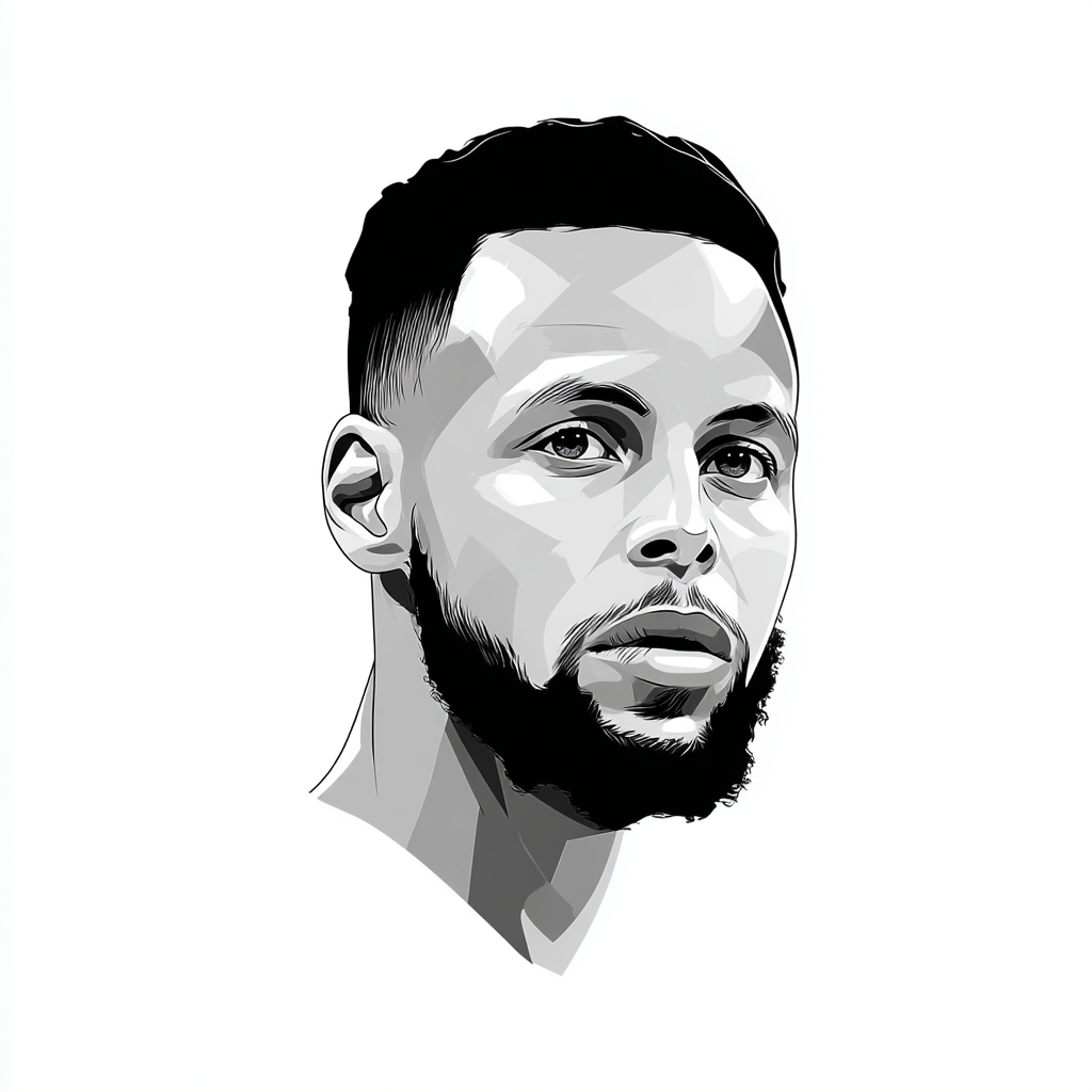 白色背景，极简风格的NBA勇士队史蒂芬·库里肖像