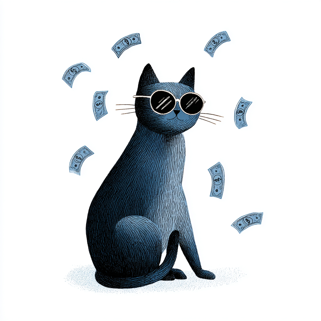 一只戴着太阳镜的蓝色猫在白色背景上，周围漂浮着美元钞票