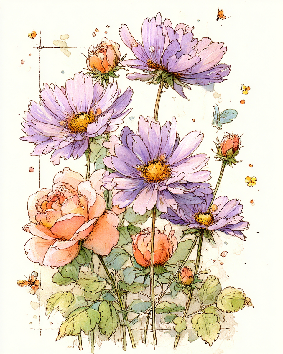 一幅经典的植物水彩画，描绘了薰衣草、雏菊和玫瑰