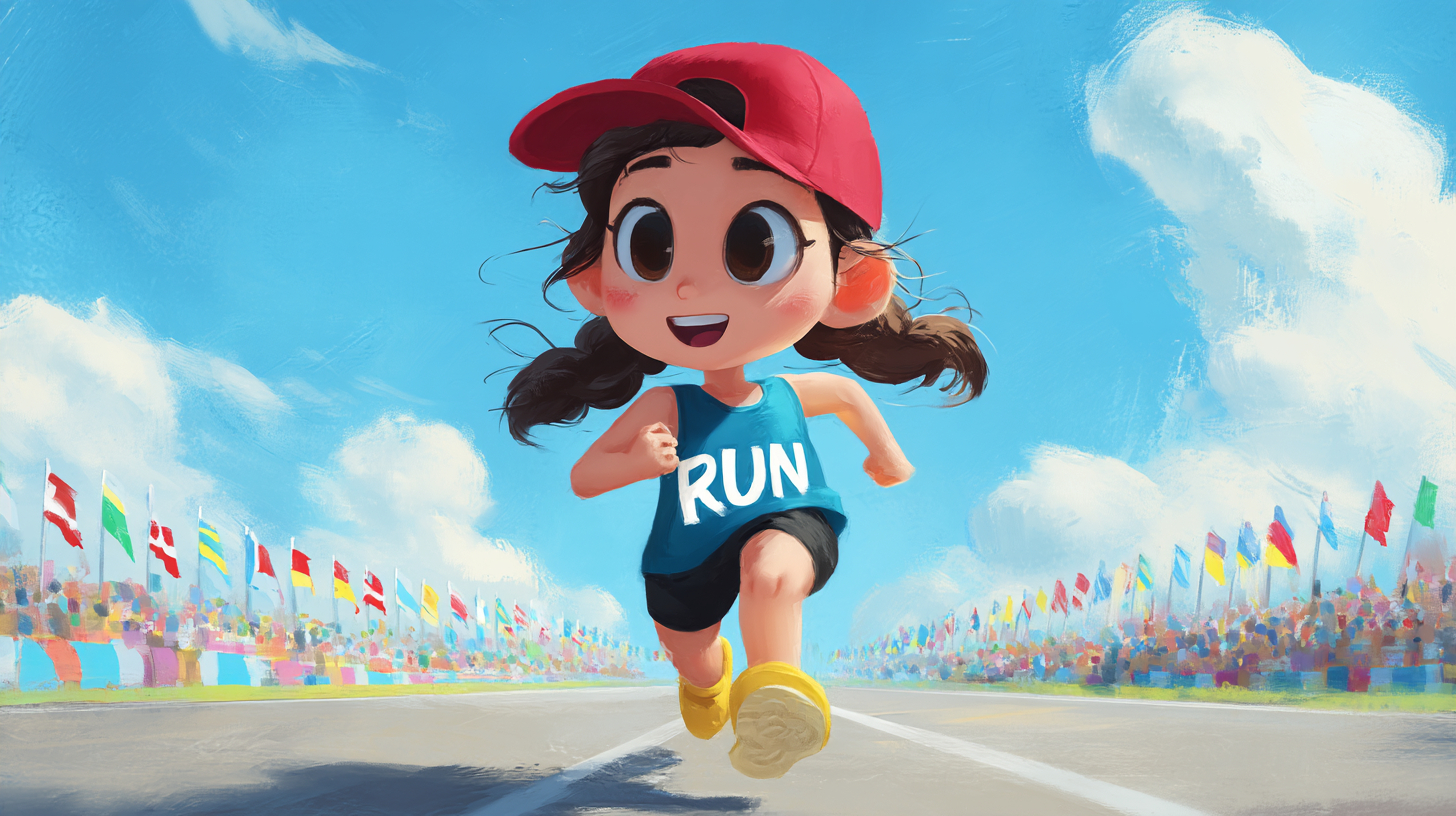 The character is a cute cartoon running in a red cap and blue tank top