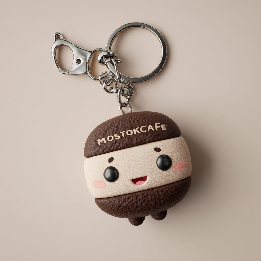 Design a 3D cartoon keychain of coffee beans with a soft toy shape and smooth silicone-like texture featuring a name tag saying 'MOSTOKCAFE'