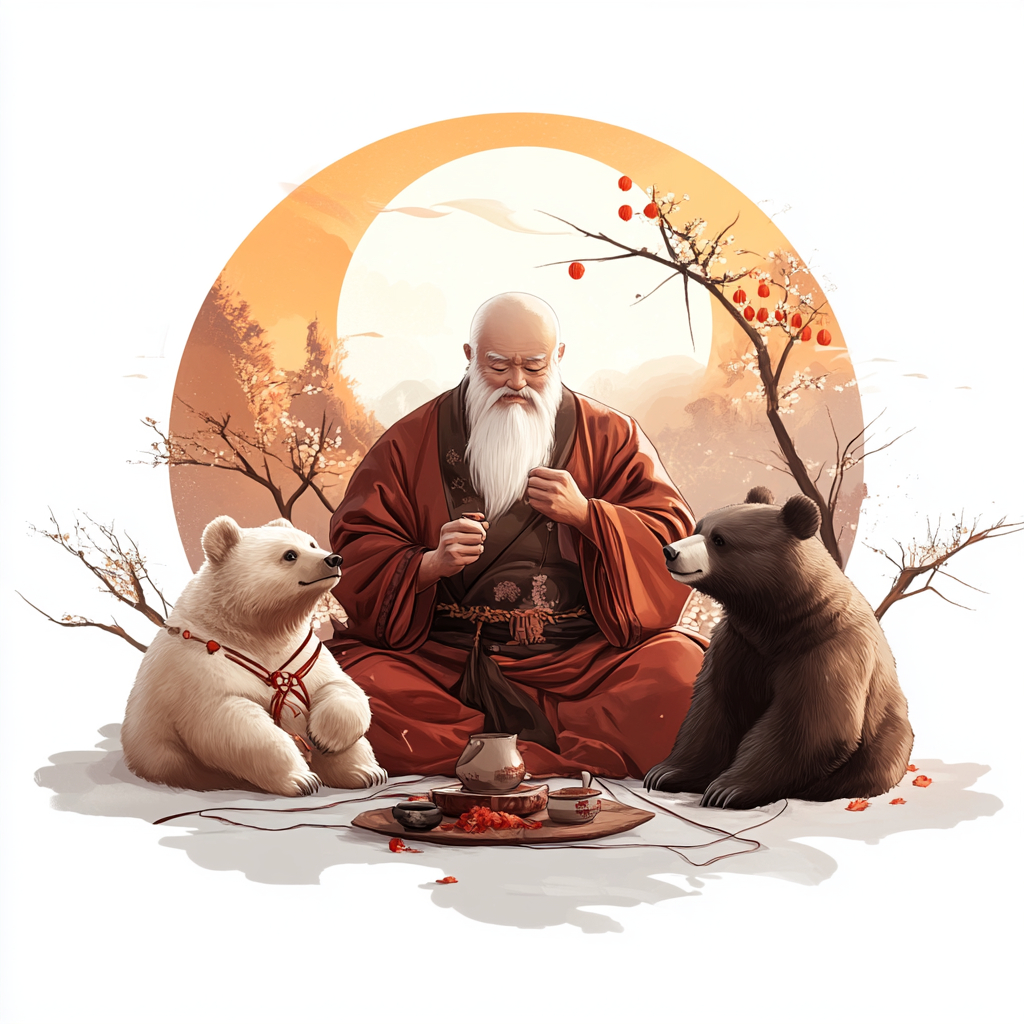 一个极简风格的白色背景下，巴尔德强和两只熊的动画，背景有丝线