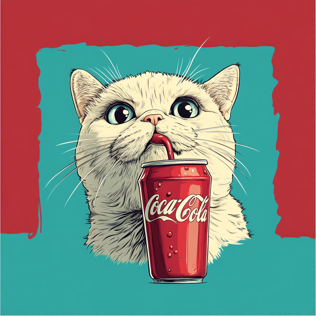 一只胖猫在白色背景上饮用可乐