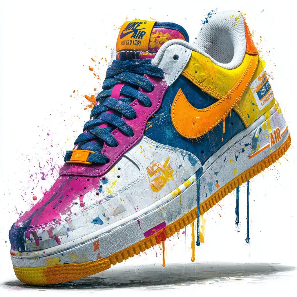 一双带有喷漆滴落和几何图案的霓虹轮廓运动鞋