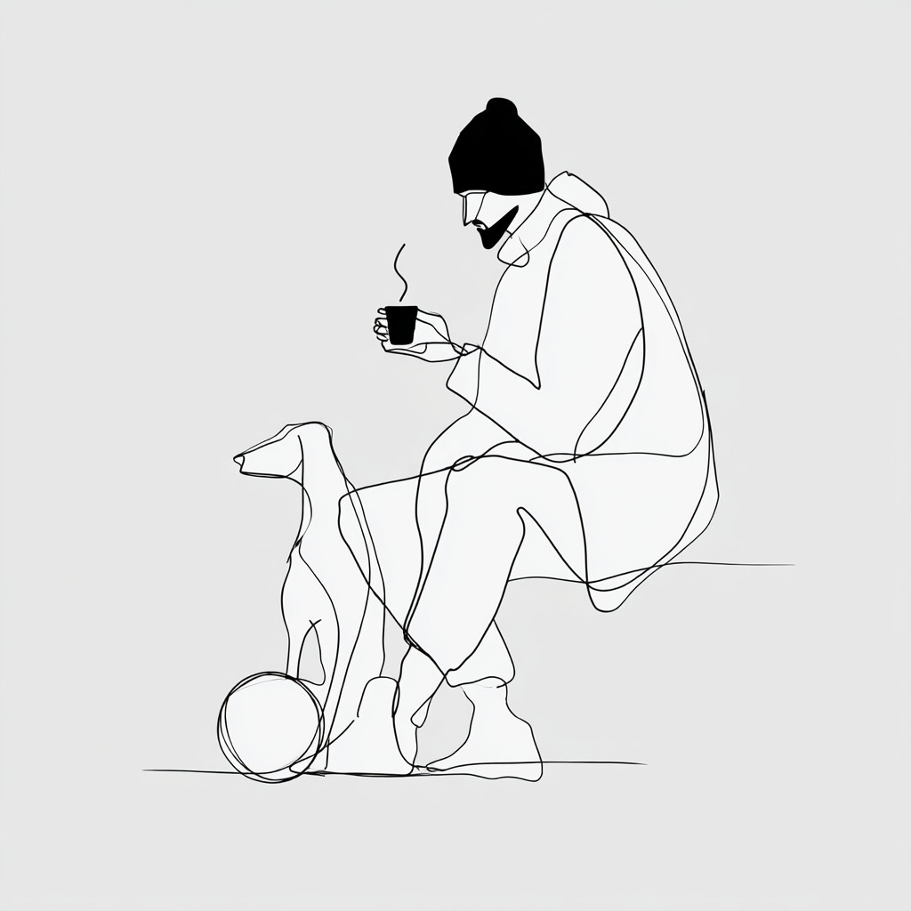 城市男孩与狗在喝咖啡，享受足球时光。