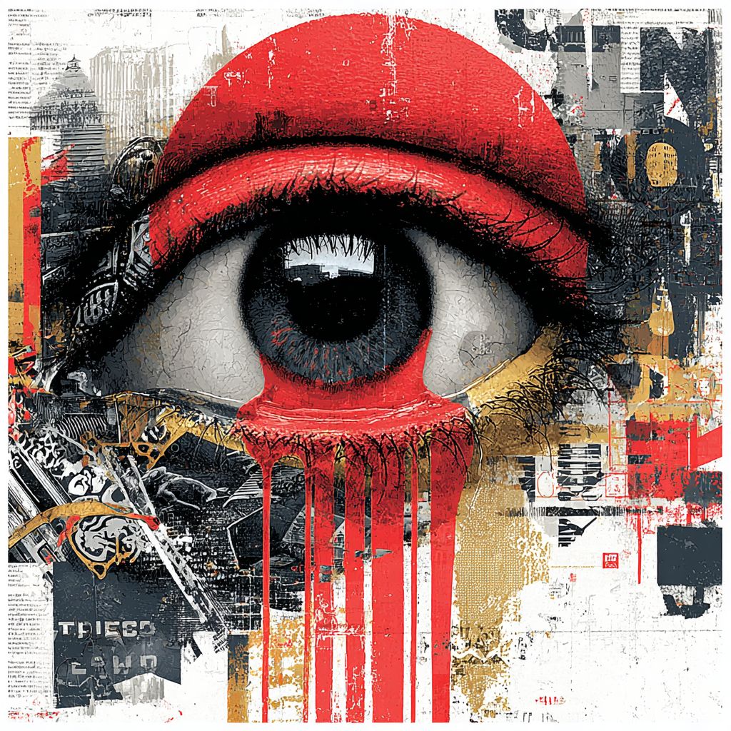 一只大胆的涂鸦风格眼睛，流着霓虹泪水，背景为白色