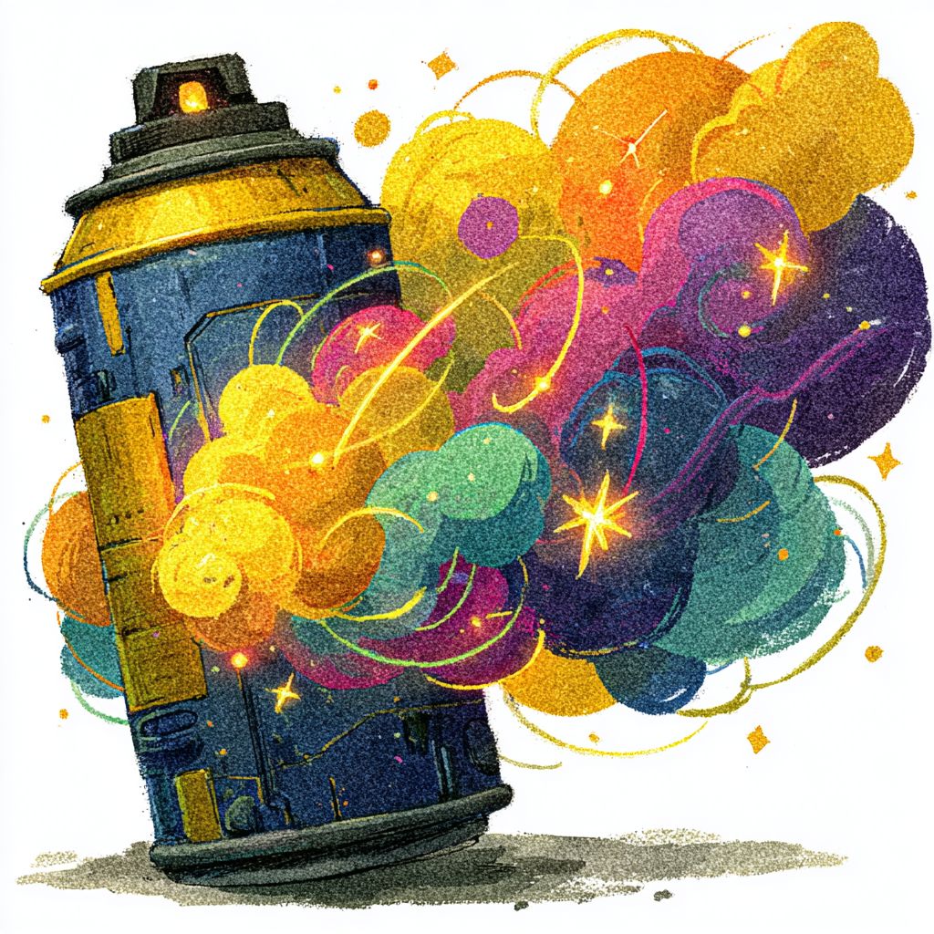 一个喷雾罐喷射出银河般的霓虹星星和旋涡