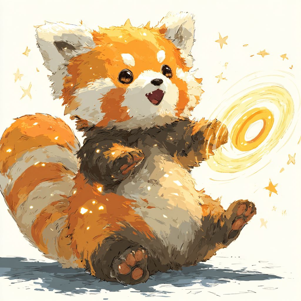 一只顽皮的红熊猫在旋转发光的指尖陀螺，眼中泛着星星般的光芒