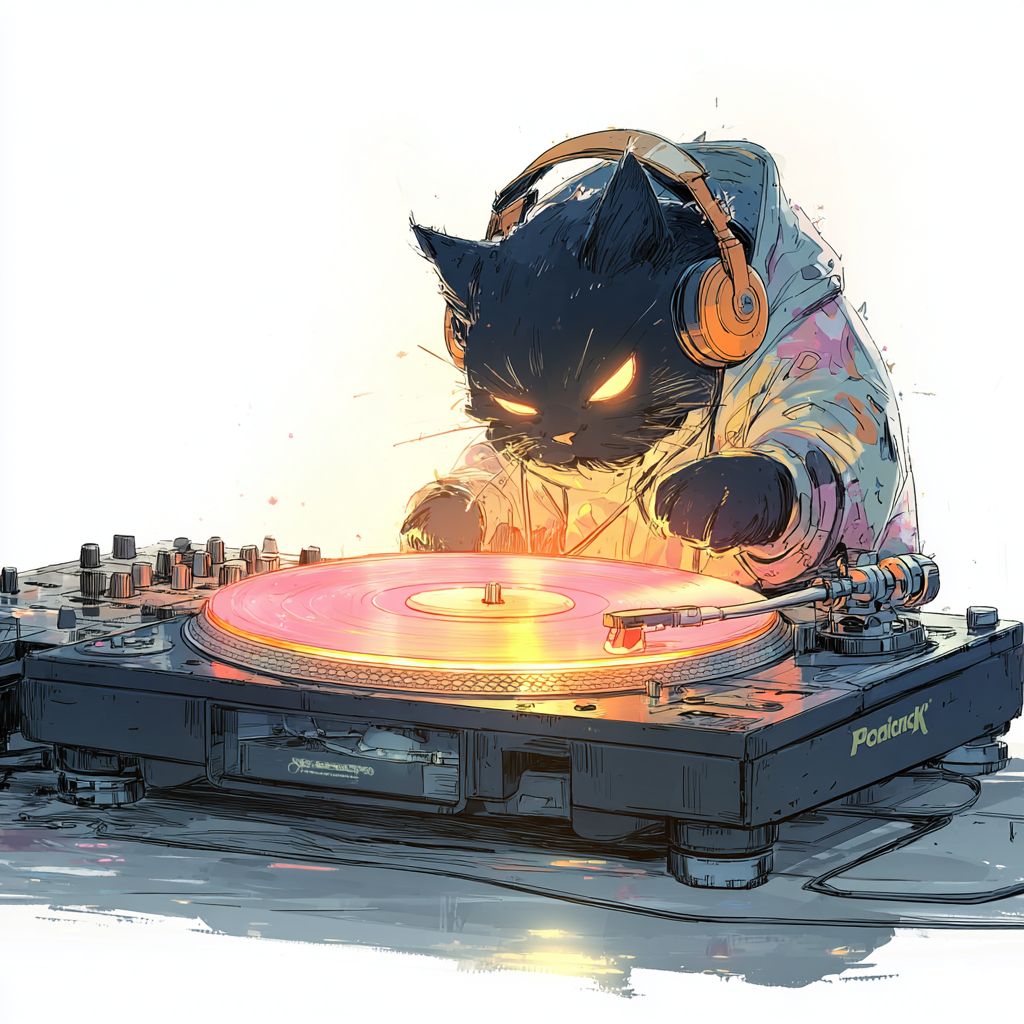 一只顽皮的卡通猫DJ在发光的唱盘上播放音乐