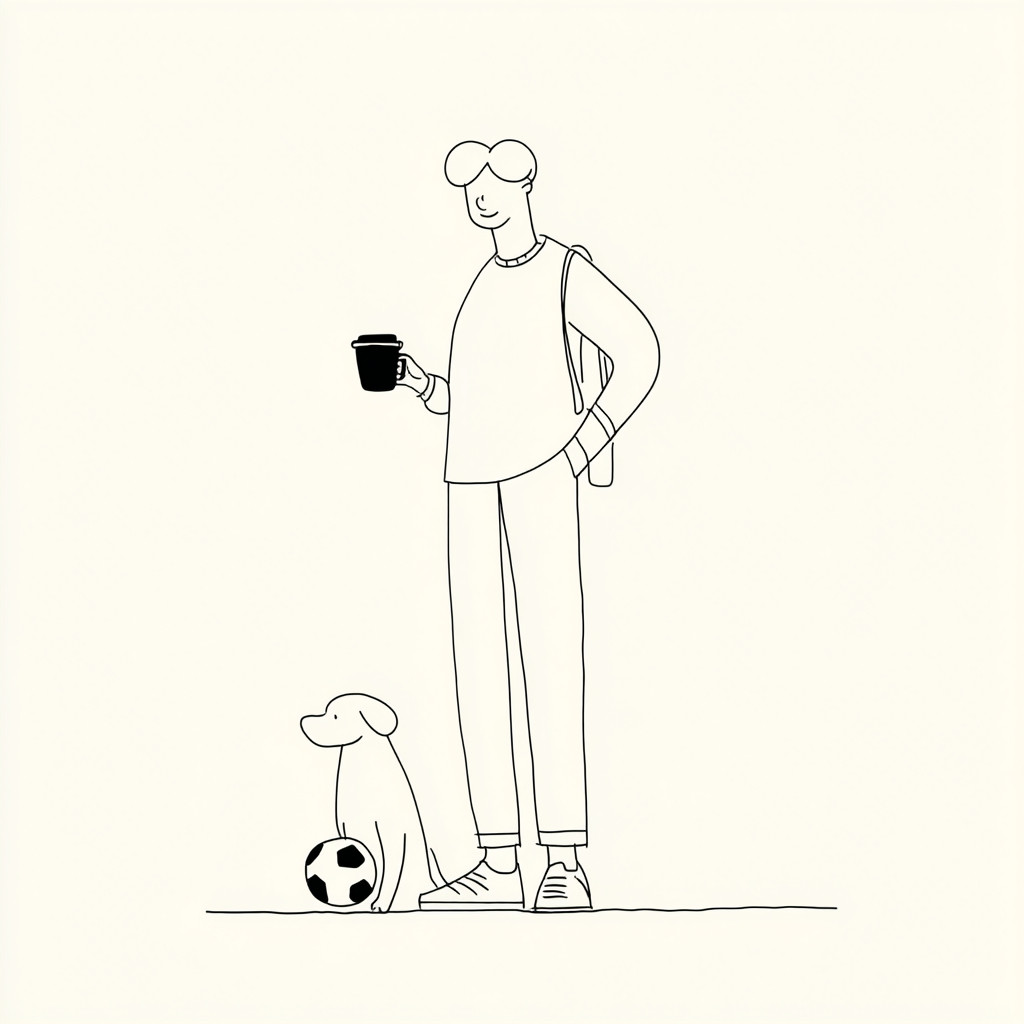 城市男孩和狗的简约线条画，咖啡时光和足球。