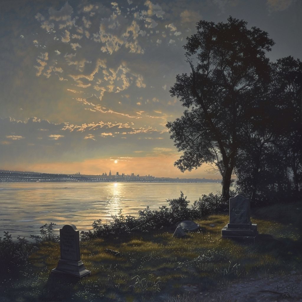 A child's gravestone by the Hudson River at dusk symbolizes memory alongside Grant's tomb