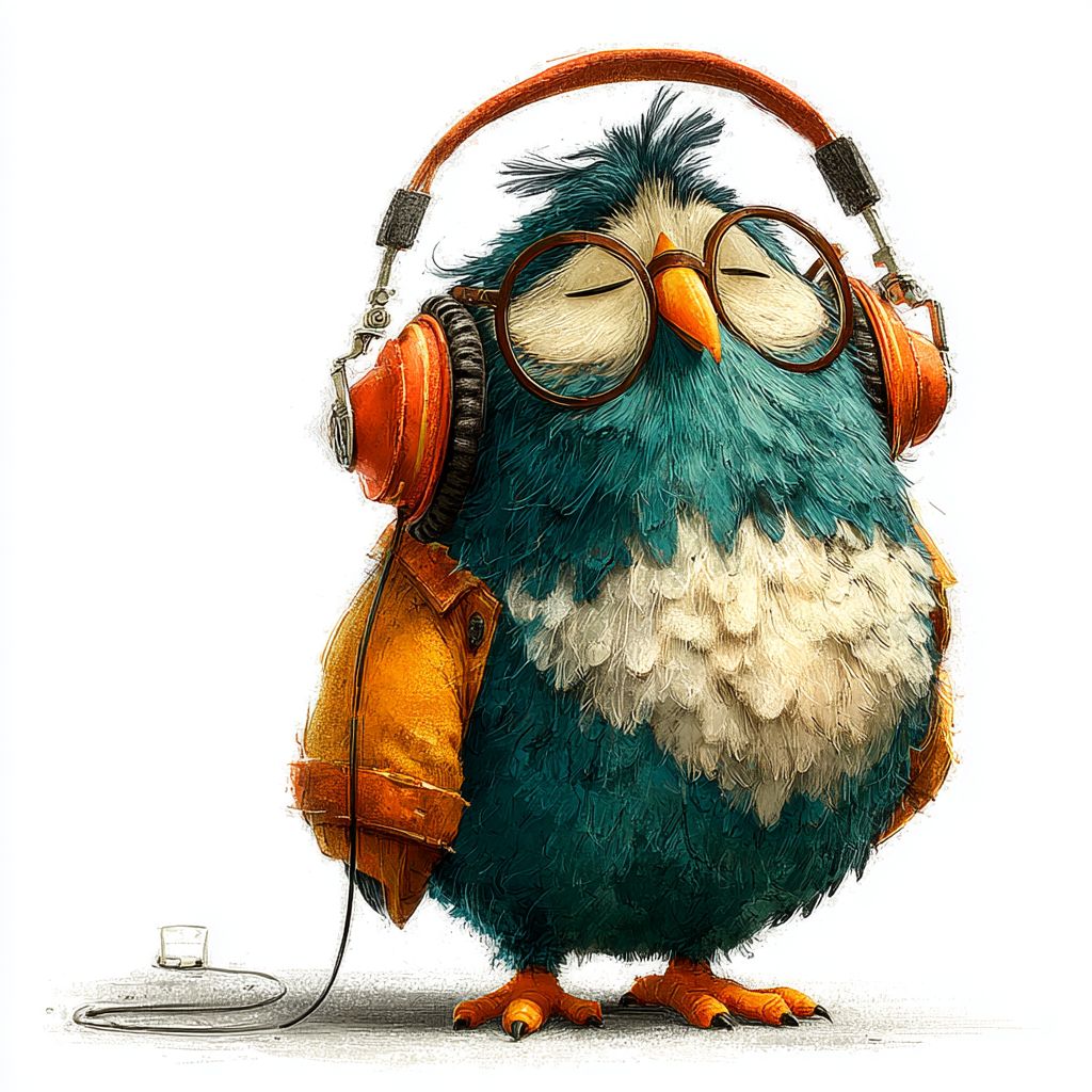 一只戴着耳机的卡通猫头鹰在白色背景下随音乐摇摆