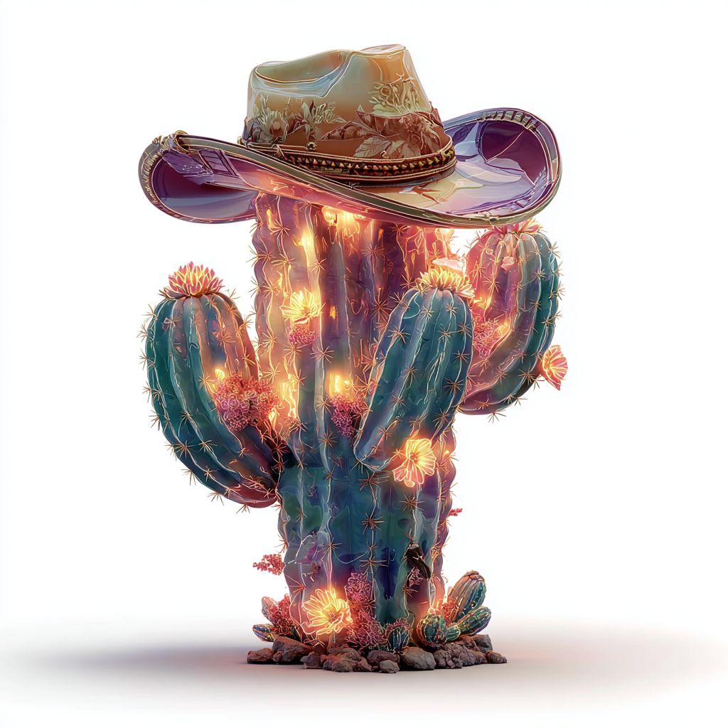 一棵戴着牛仔帽的超现实仙人掌散发着霓虹沙漠风情