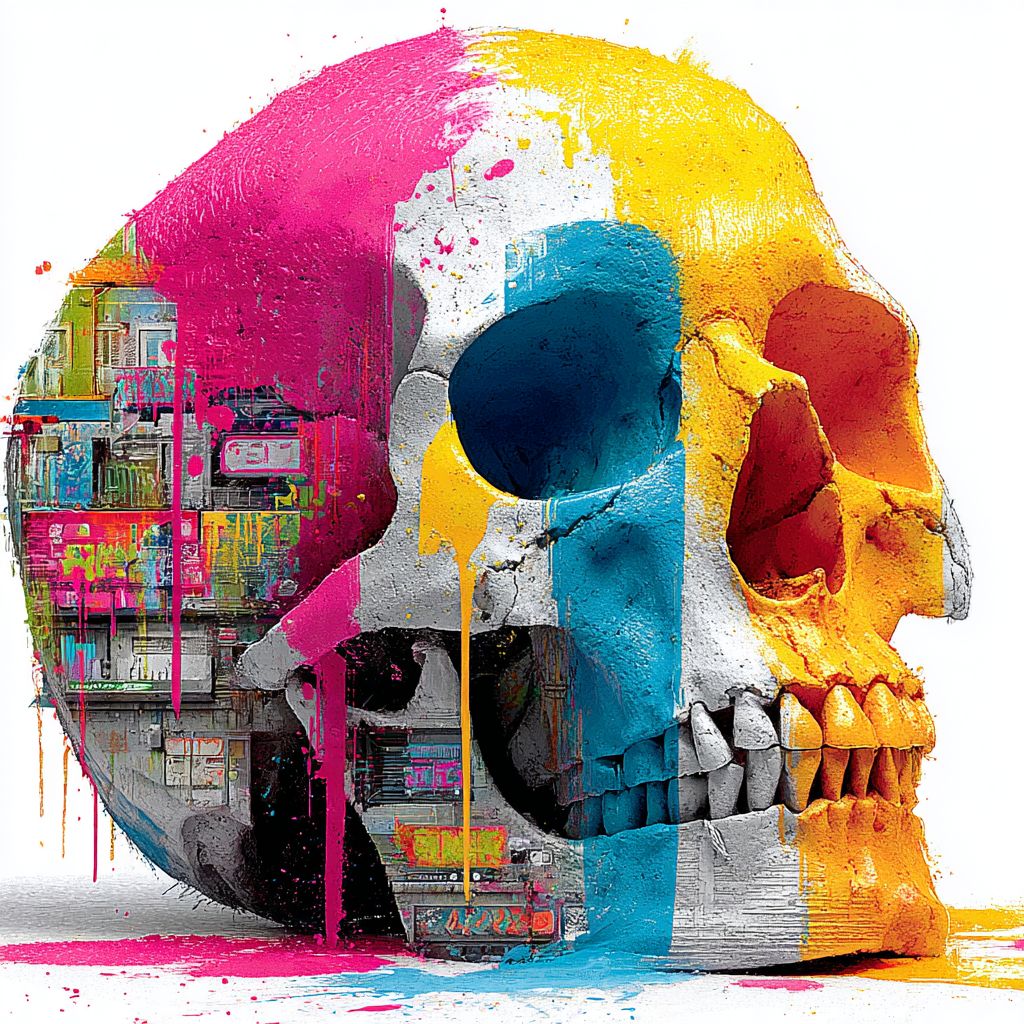 一幅大胆的喷漆骷髅，滴落的霓虹油漆，白色背景