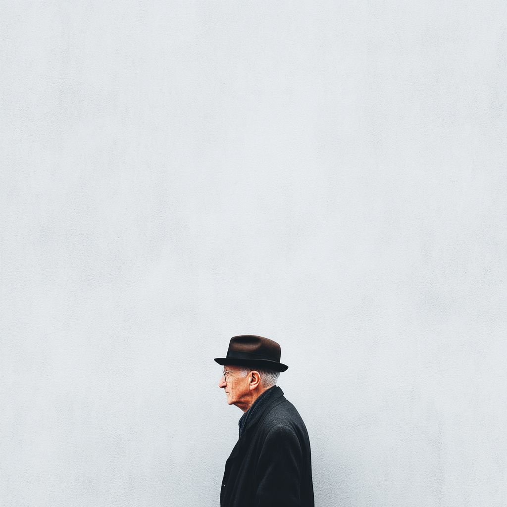 一位戴帽子的老人，背景为白色极简风格