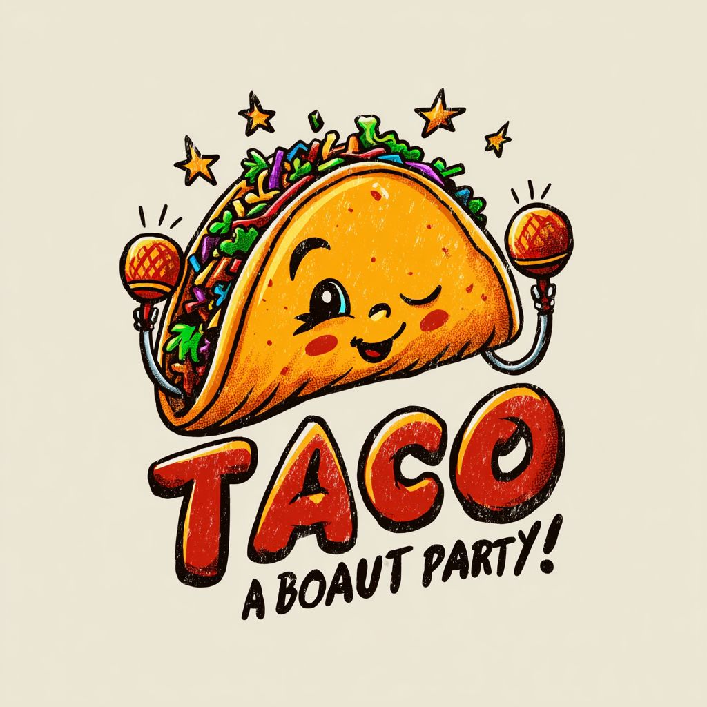 一个手持响板跳舞的塔可，俏皮地眨眼，配有鲜艳的文字'Taco 'Bout a Party!'