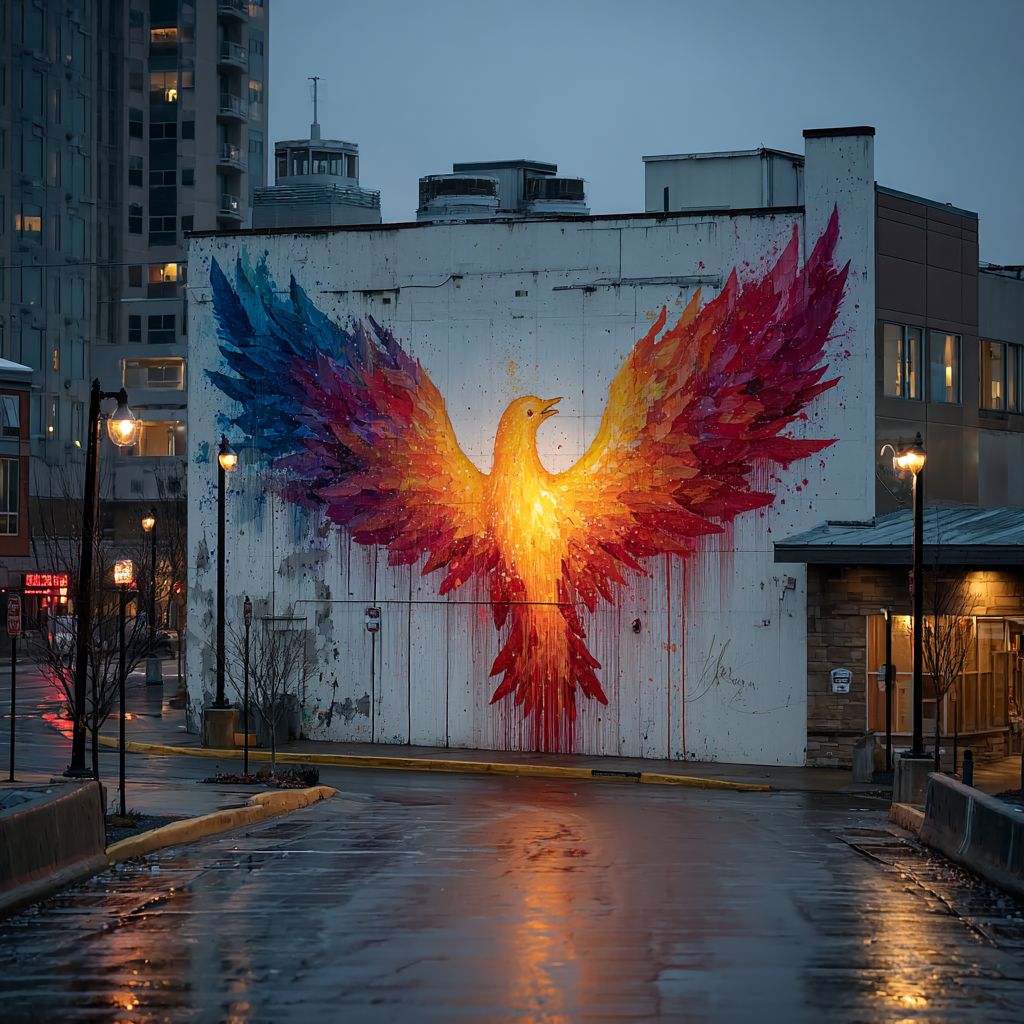 一幅生动的街头壁画展示了从喷漆火焰中升起的凤凰，背景为白色