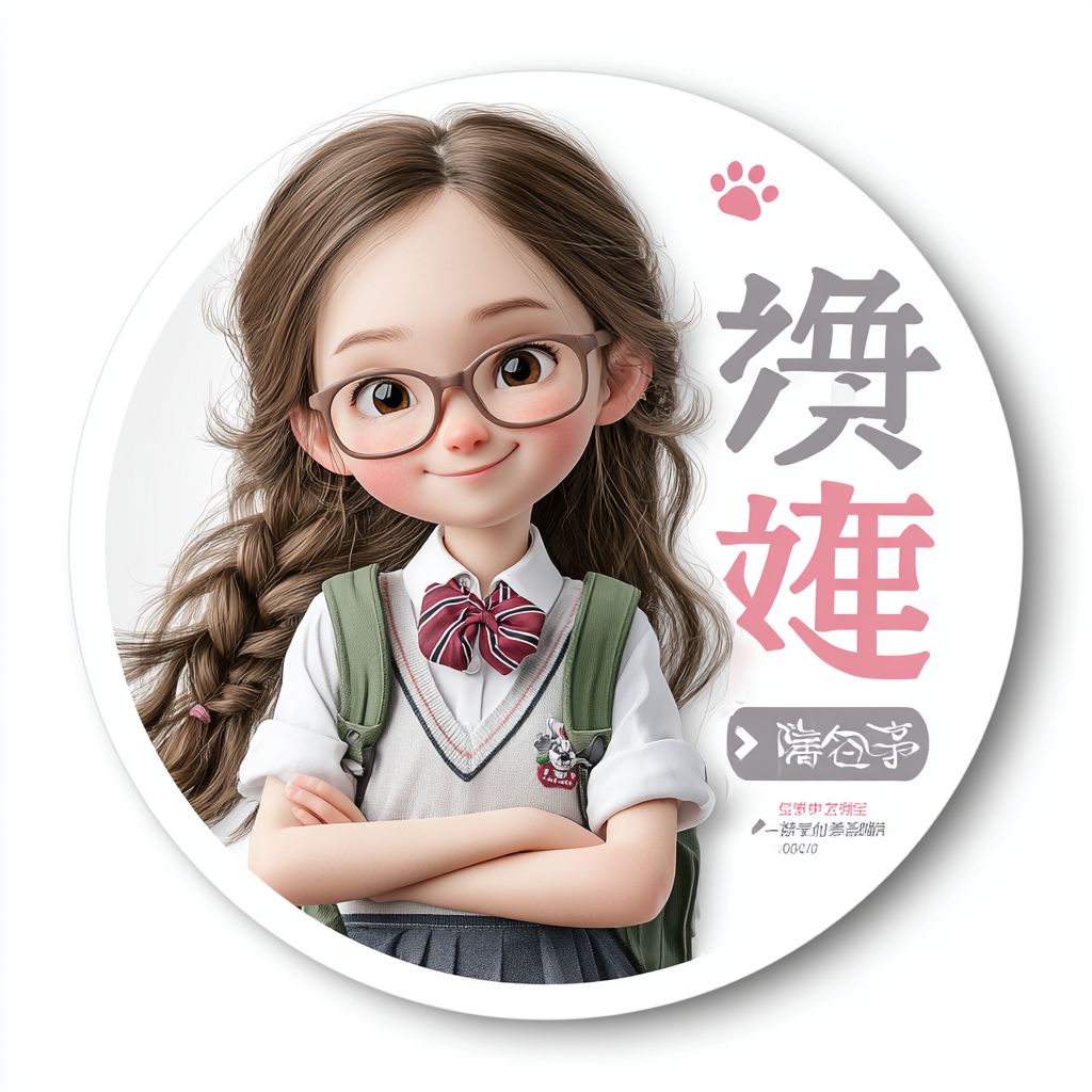 The sticker features a cute Chinese female teacher's avatar on a pure white background, primarily in pink and white colors