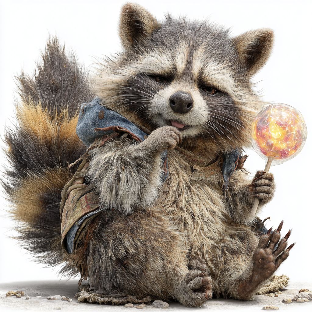 一只顽皮的卡通浣熊手持发光的棒棒糖