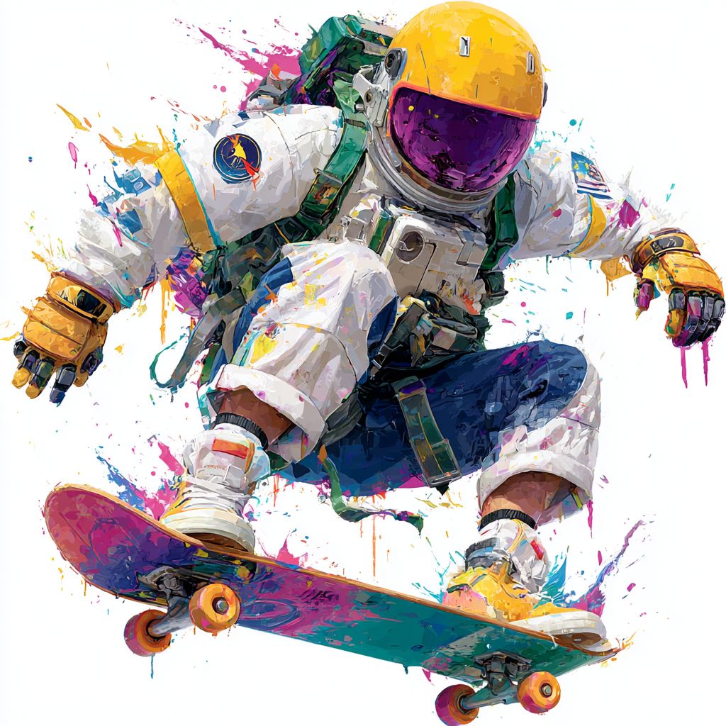一个充满活力的涂鸦风格宇航员正在宇宙虚空中滑板