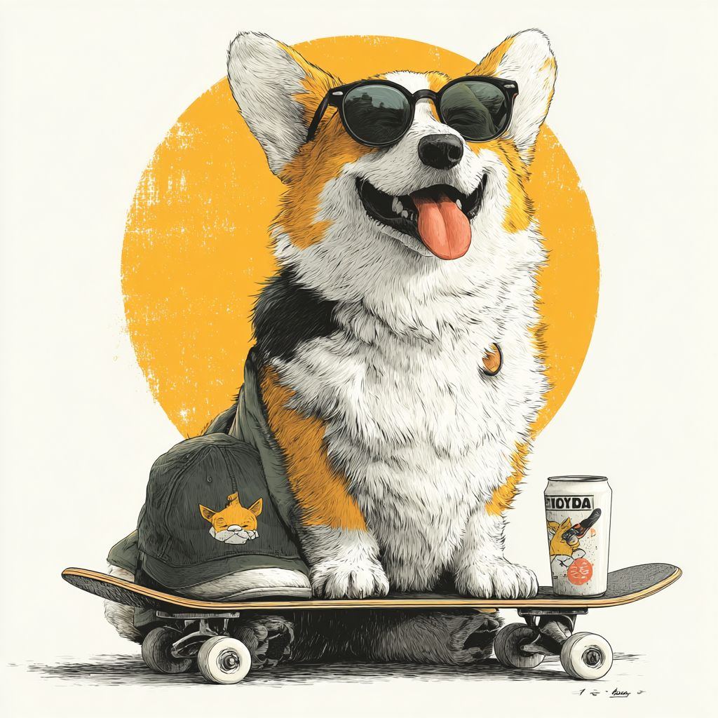 一只快乐的卡通柯基戴着酷酷的墨镜和滑板