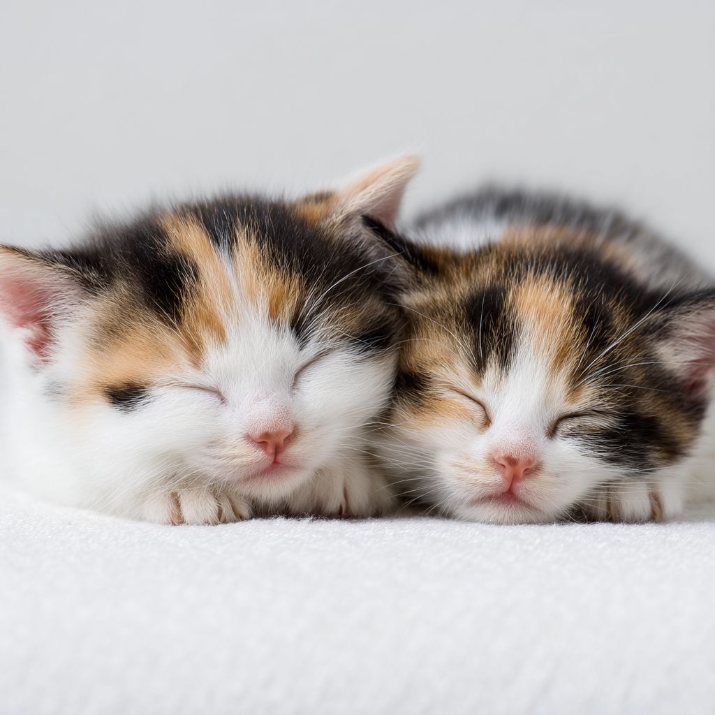 两只可爱的三色小猫咪在一起安静地睡觉