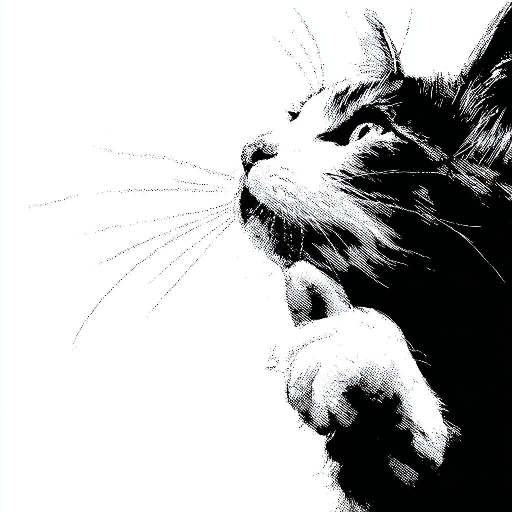 一只深思的猫，简约风格白色背景