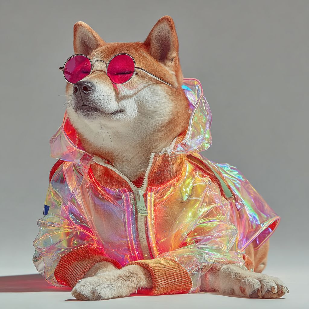 一只酷炫的柴犬，穿着全息轰炸机夹克，眨眼握着霓虹发光棒