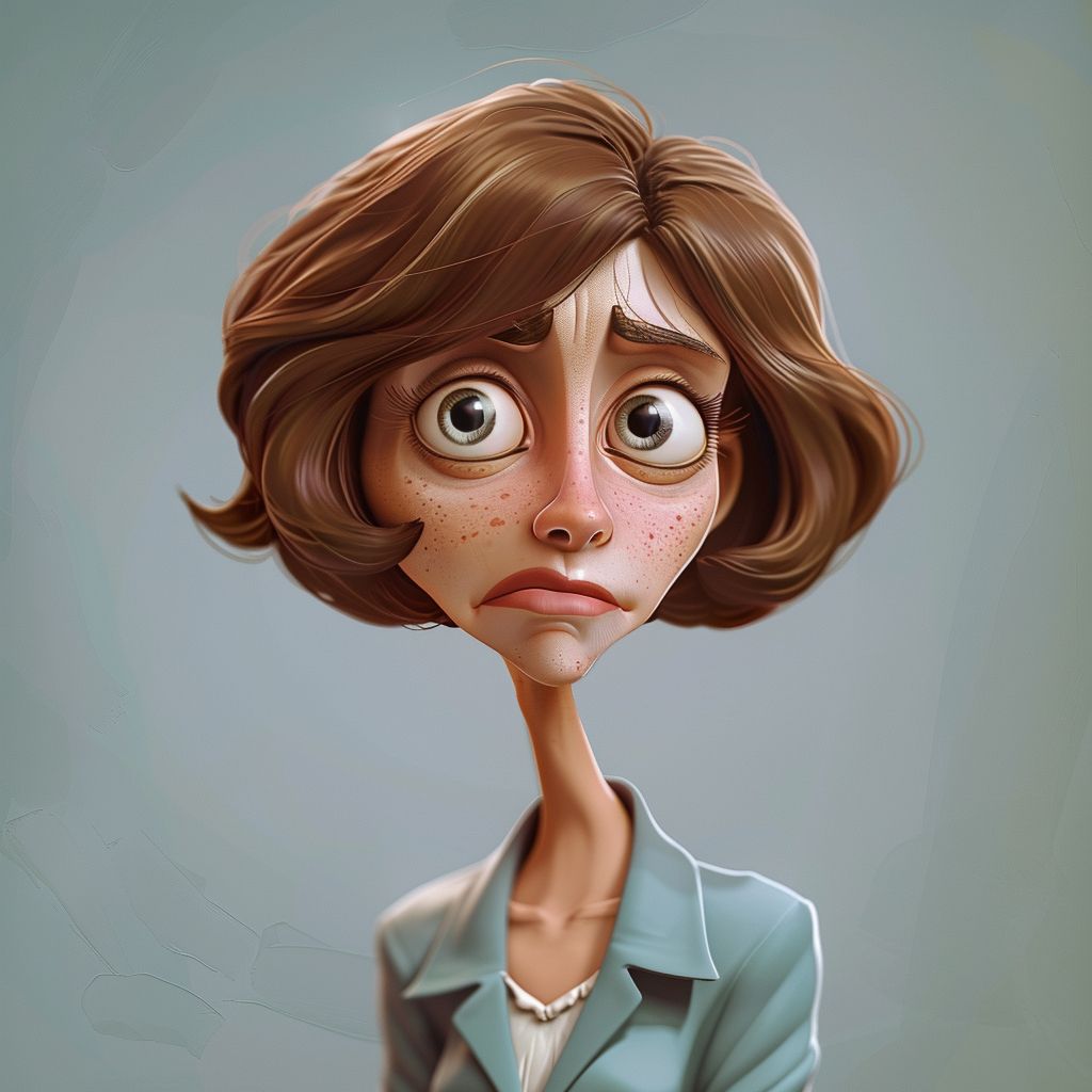 A serious middle-aged female teacher with big eyes and side-parted short hair in cartoon style