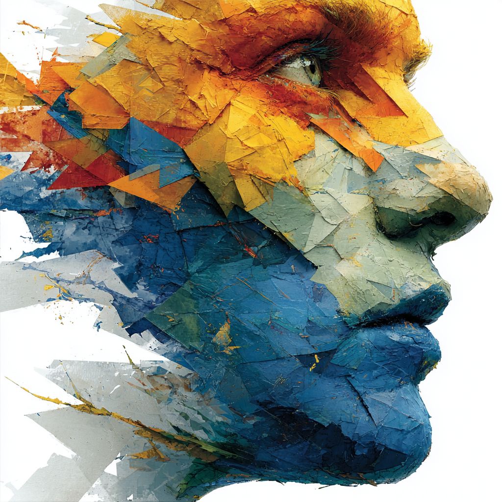 一幅由碎棱镜构成的大胆抽象面孔，展现出电光色彩的爆发，背景为白色