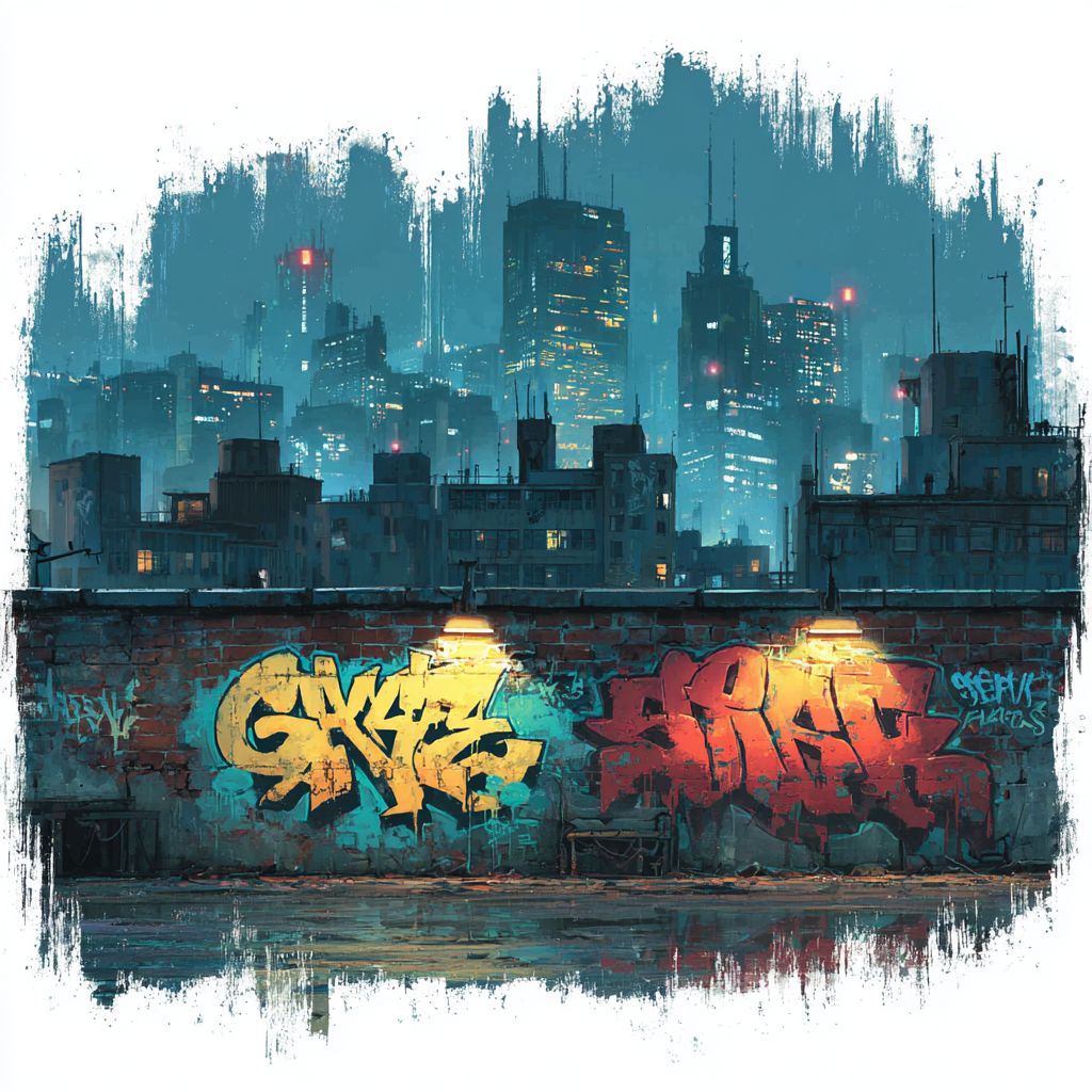 一个充满生气的城市天际线，发光的涂鸦标签漂浮在白色背景上