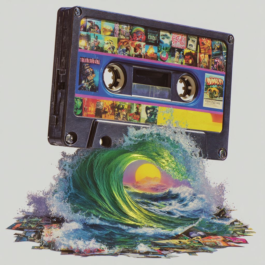 一盘复古的VHS录像带展开成一股80年代流行文化图标的漩涡
