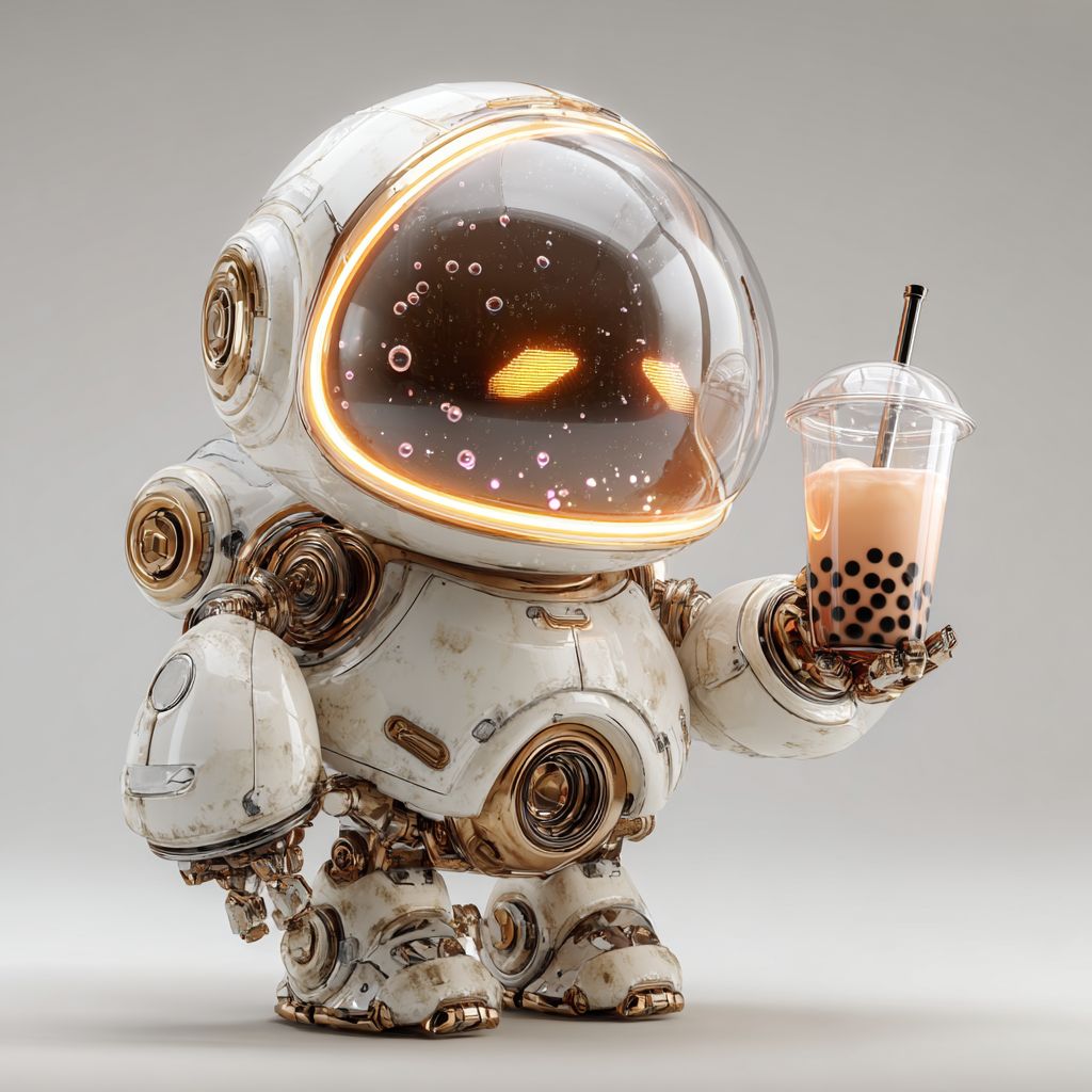 一个顽皮的机器人正在拿着发光的泡泡茶