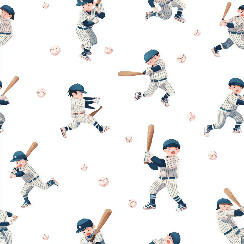 白色背景，简约风格，日本卡通棒球图案。