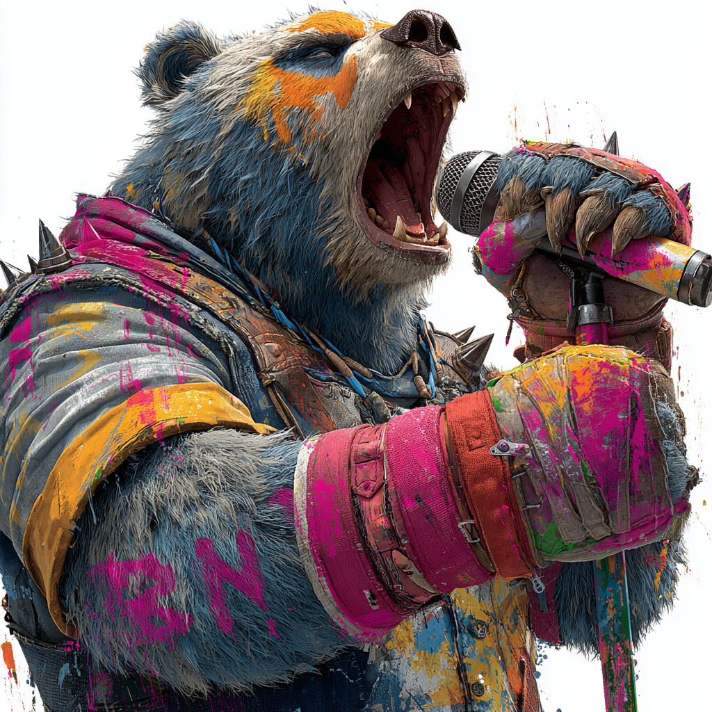 一只叛逆的熊戴着尖刺手环，手持荧光喷漆麦克风