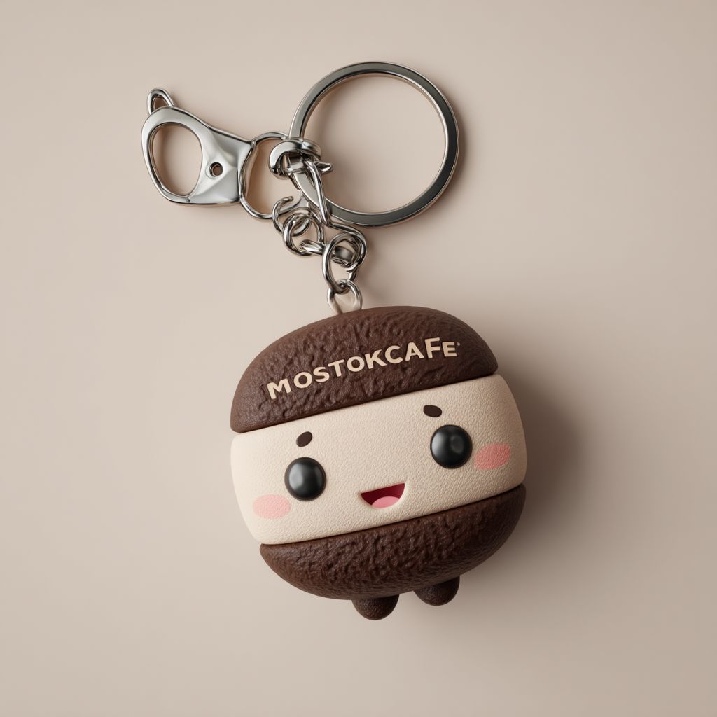 Design a 3D cartoon keychain of coffee beans with a soft toy shape and smooth silicone-like texture featuring a name tag saying 'MOSTOKCAFE'