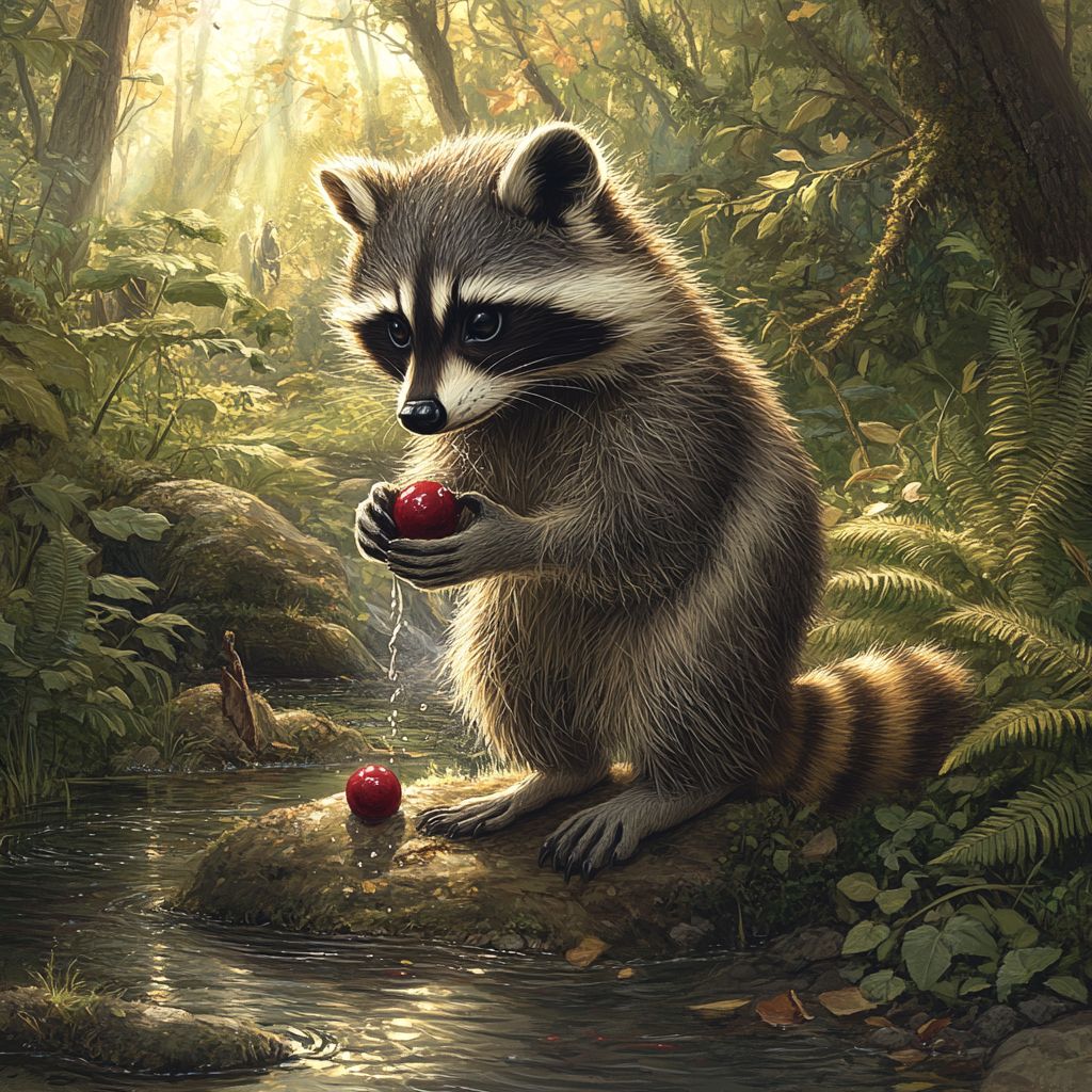 这幅插图展示了一只浣熊在溪边洗红色浆果的自然场景