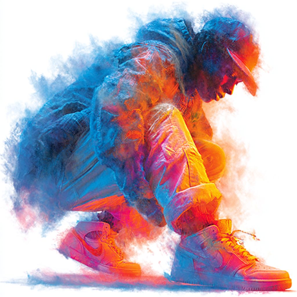 一个五彩斑斓的涂鸦展现了在霓虹尘雾中旋转的霹雳舞者