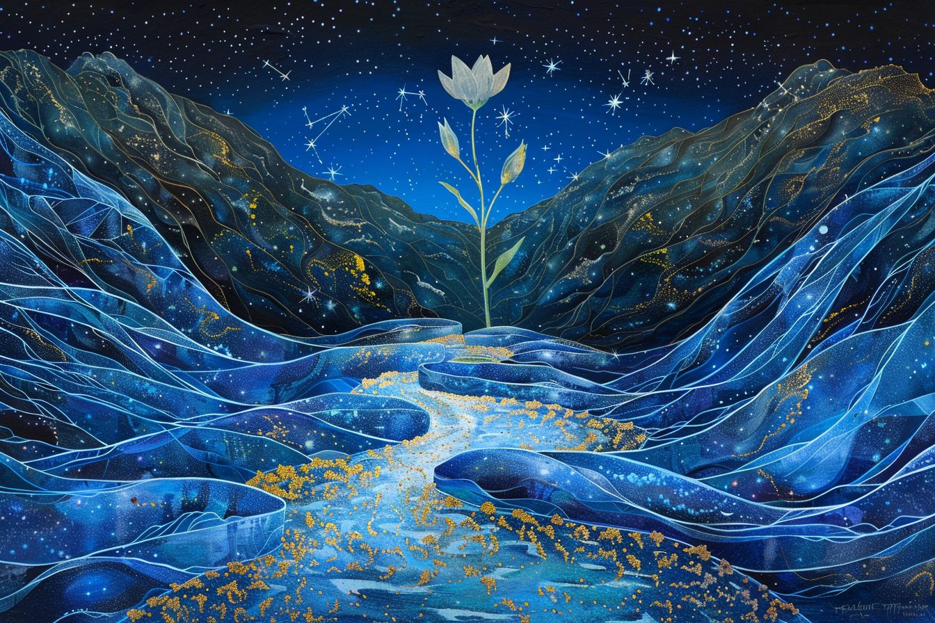 At the center of a glowing river of time, a wildflower stands, symbolizing resistance to oblivion