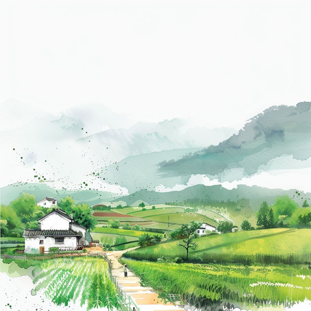 描绘广东美丽乡村和绿色建筑蓬勃发展的场景，背景为简约白色风格。
